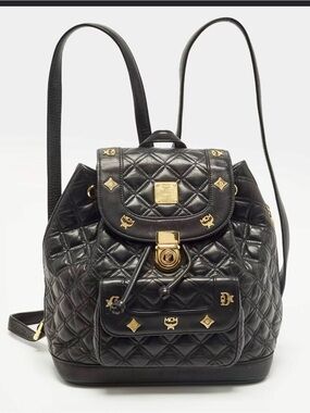 MCM Black Quilted Leather Mini Backpack with Gold Accents